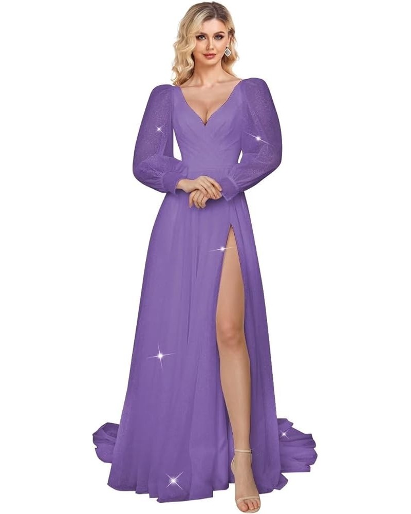 Long Sleeve Prom Dresses Sparkly Tulle Ball Gown Puffy Wedding Dress Formal Evening Gowns Slit Purple $38.27 Dresses