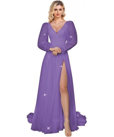 Long Sleeve Prom Dresses Sparkly Tulle Ball Gown Puffy Wedding Dress Formal Evening Gowns Slit Purple $38.27 Dresses