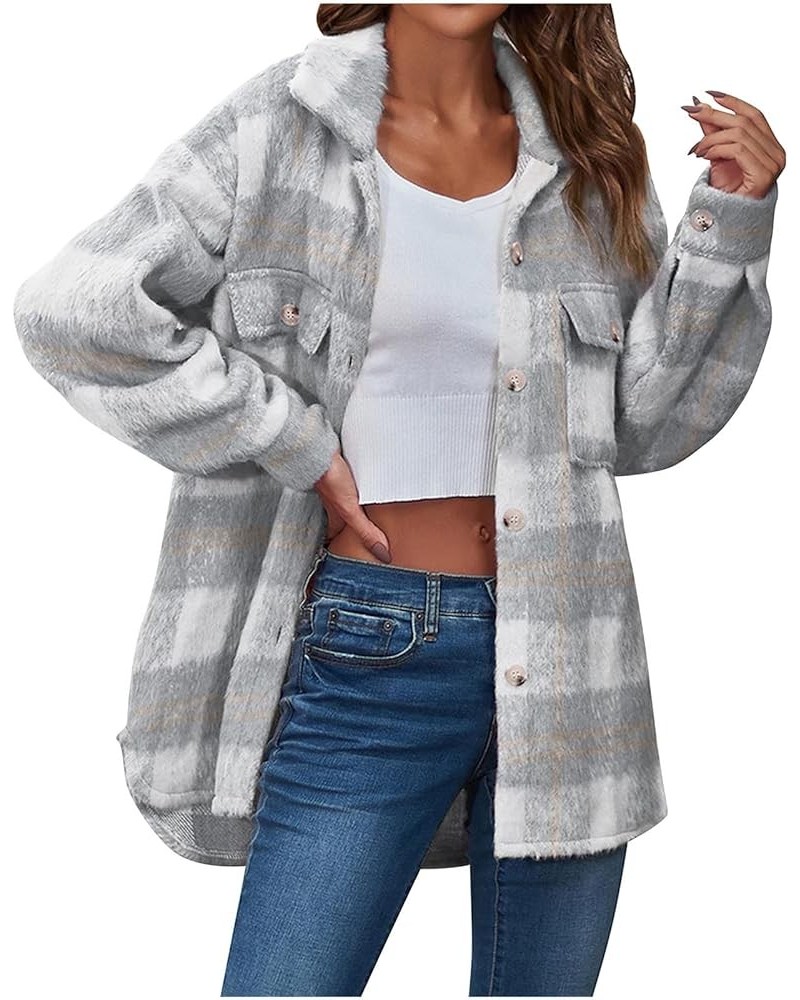 Womens Soft Comfy Flannel Plaid Shacket Casual Button up Long Sleeve Jackets Winter Shirts Clothes with Pockets A14 Gray $13....