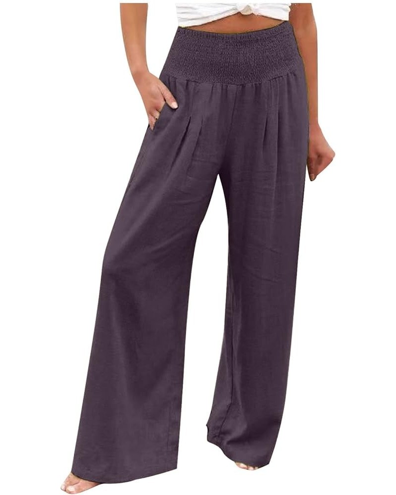 Cotton Linen for Women Wide Leg Pants Summer High Waisted Palazzo Pants Baggy Lounge Beach Trousers with Pockets Brown_01 $4....