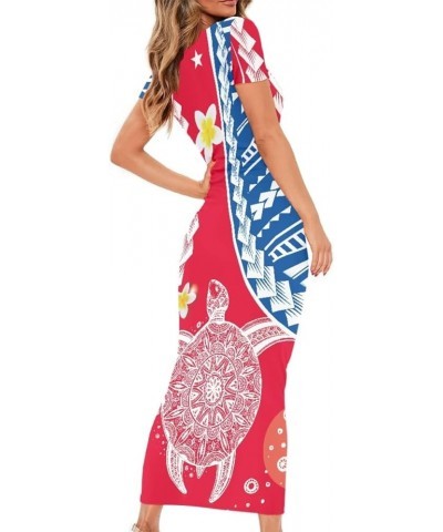 Women's Polynesian American Samoa Print Crew Neck Short Sleeve Bodycon Long Dress Polynesian Sea Turtle $12.18 Dresses