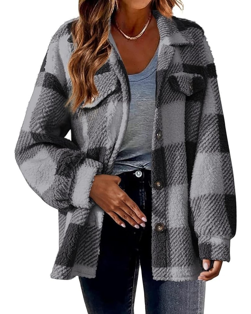 Women’s Fuzzy Fleece Sherpa Jacket Plaid Shirt Long Sleeve Button Up Flannel Cardigan Utility Lightweight Jackets Grey Plaid ...