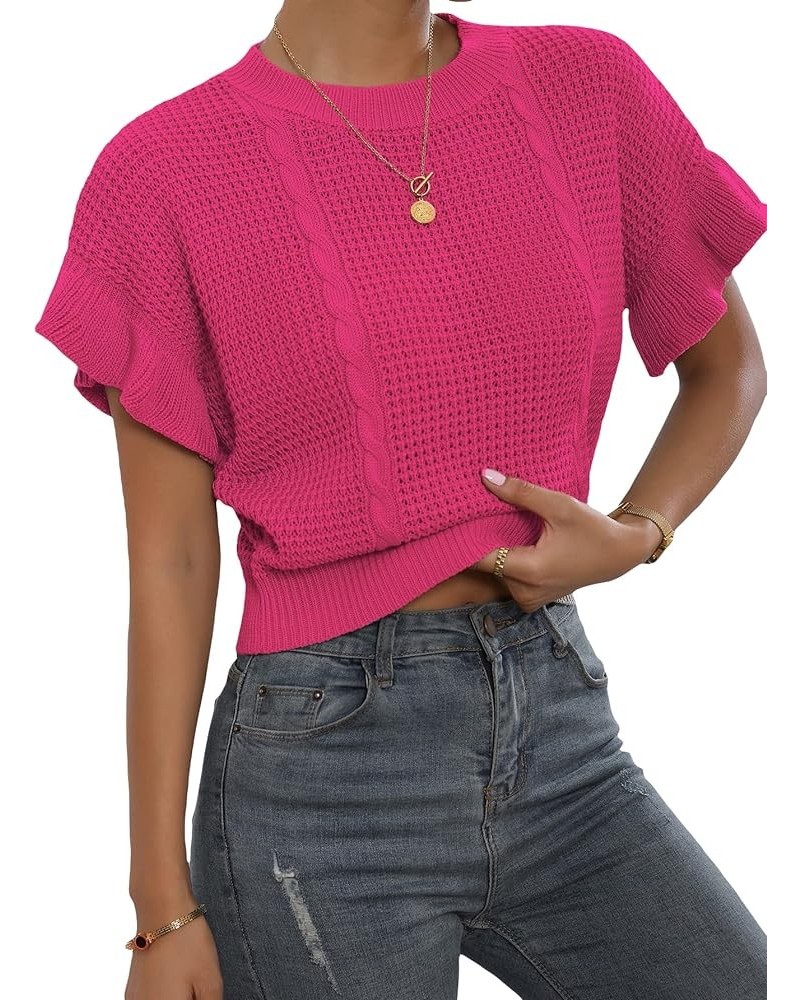 Women's Ruffled Short Sleeve Round Neck Knitted Crop Top Pullovers Sweater Hot Pink $15.99 Sweaters