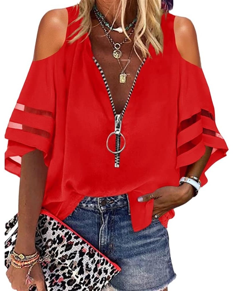 Womens Cold Shoulder V-Neck Blouses Zip Up Mesh Panel Loose Casual Shirts Red $9.66 Blouses