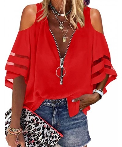 Womens Cold Shoulder V-Neck Blouses Zip Up Mesh Panel Loose Casual Shirts Red $9.66 Blouses