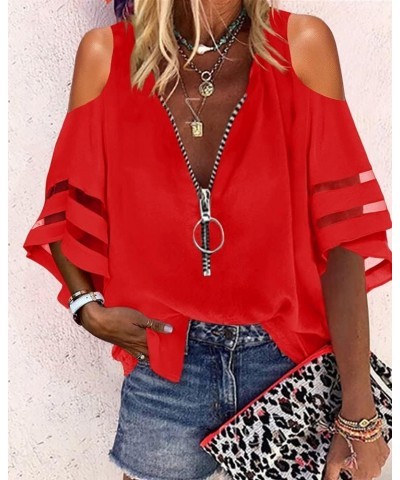 Womens Cold Shoulder V-Neck Blouses Zip Up Mesh Panel Loose Casual Shirts Red $9.66 Blouses