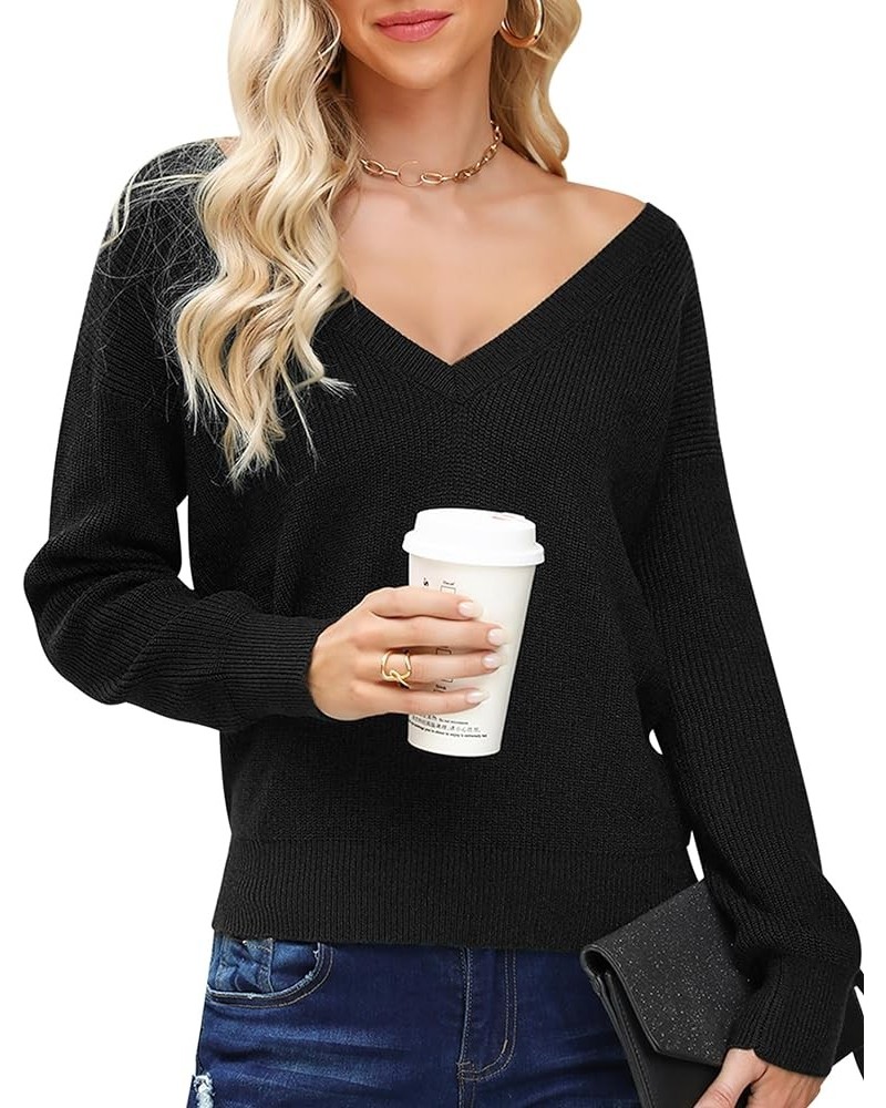 Women Sexy Deep V Neck Sweater Christmas Sweaters Casual Long Sleeve Fall Sweaters Pullover Black $22.79 Sweaters