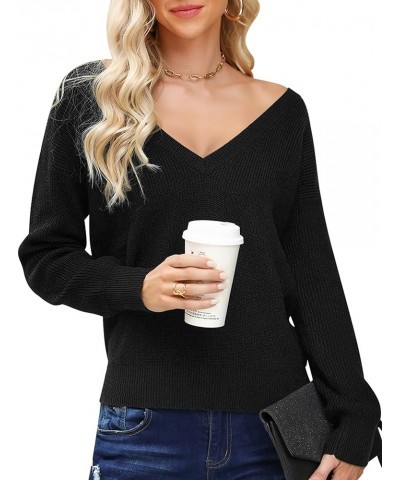 Women Sexy Deep V Neck Sweater Christmas Sweaters Casual Long Sleeve Fall Sweaters Pullover Black $22.79 Sweaters