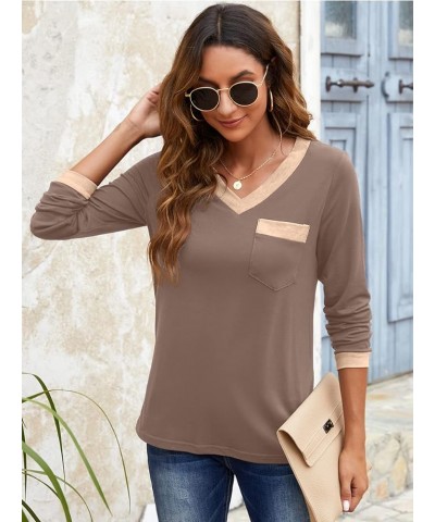 Womens Long Sleeve T Shirts Casual V Neck Color Block Tunic Tops Loose Basic Top Khaki $12.47 Tops