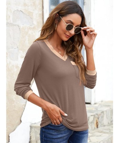 Womens Long Sleeve T Shirts Casual V Neck Color Block Tunic Tops Loose Basic Top Khaki $12.47 Tops