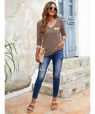 Womens Long Sleeve T Shirts Casual V Neck Color Block Tunic Tops Loose Basic Top Khaki $12.47 Tops