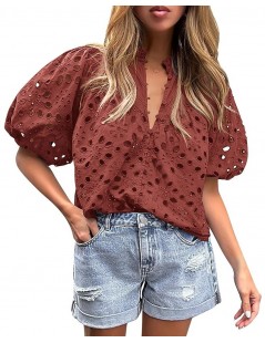 Women's Summer Tops Dressy Casual Short Lantern Sleeve V Neck Buttons Hollow Out Lace Embroidered Blouses Shirts Brown Red $2...