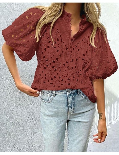 Women's Summer Tops Dressy Casual Short Lantern Sleeve V Neck Buttons Hollow Out Lace Embroidered Blouses Shirts Brown Red $2...