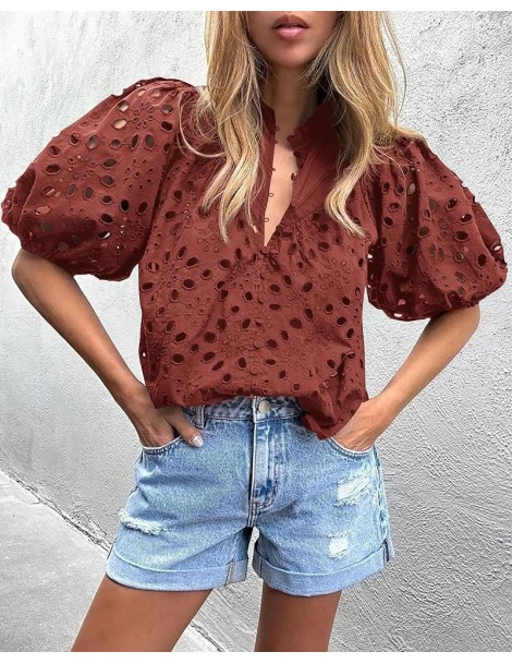 Women's Summer Tops Dressy Casual Short Lantern Sleeve V Neck Buttons Hollow Out Lace Embroidered Blouses Shirts Brown Red $2...