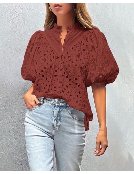 Women's Summer Tops Dressy Casual Short Lantern Sleeve V Neck Buttons Hollow Out Lace Embroidered Blouses Shirts Brown Red $2...