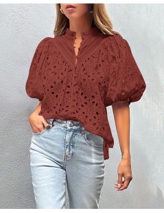 Women's Summer Tops Dressy Casual Short Lantern Sleeve V Neck Buttons Hollow Out Lace Embroidered Blouses Shirts Brown Red $2...