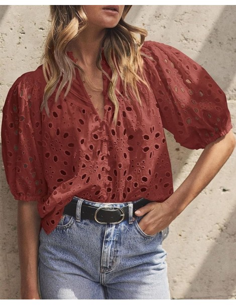 Women's Summer Tops Dressy Casual Short Lantern Sleeve V Neck Buttons Hollow Out Lace Embroidered Blouses Shirts Brown Red $2...