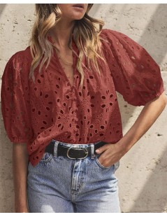 Women's Summer Tops Dressy Casual Short Lantern Sleeve V Neck Buttons Hollow Out Lace Embroidered Blouses Shirts Brown Red $2...