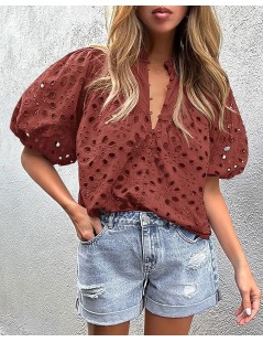 Women's Summer Tops Dressy Casual Short Lantern Sleeve V Neck Buttons Hollow Out Lace Embroidered Blouses Shirts Brown Red $2...