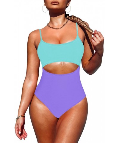 Women's One Piece Swimsuit Spaghetti Strap Scoop Neck Cutout High Waisted Bathing Suit Monokini Purple & Blue $15.17 Swimsuits