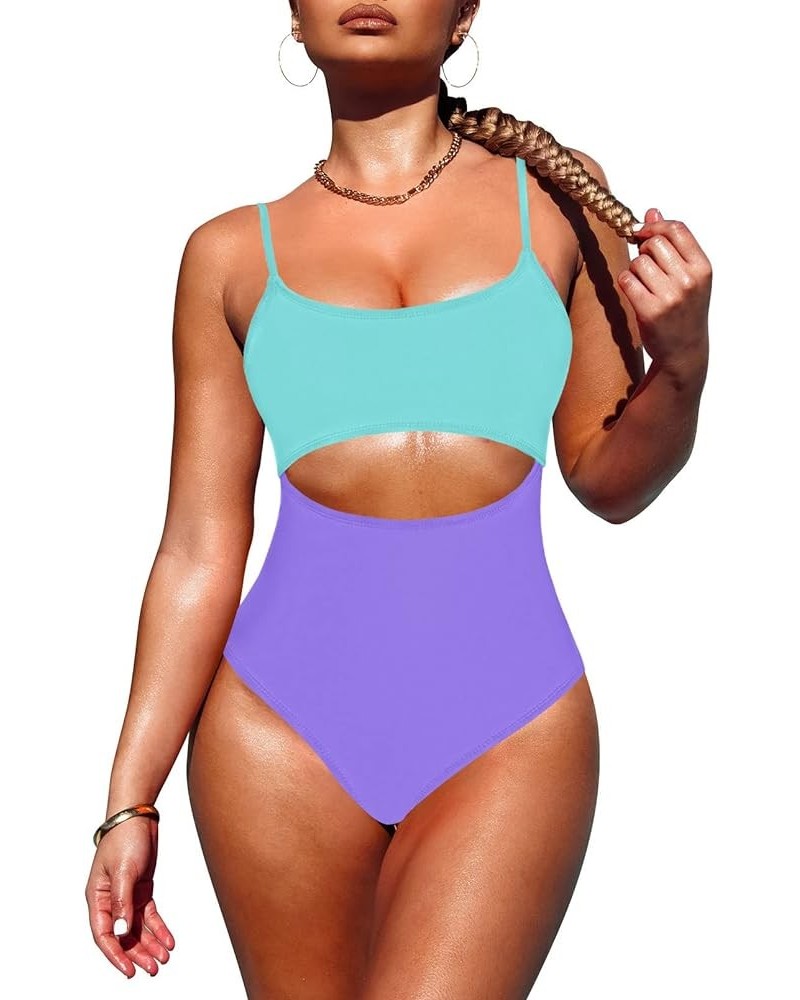 Women's One Piece Swimsuit Spaghetti Strap Scoop Neck Cutout High Waisted Bathing Suit Monokini Purple & Blue $15.17 Swimsuits