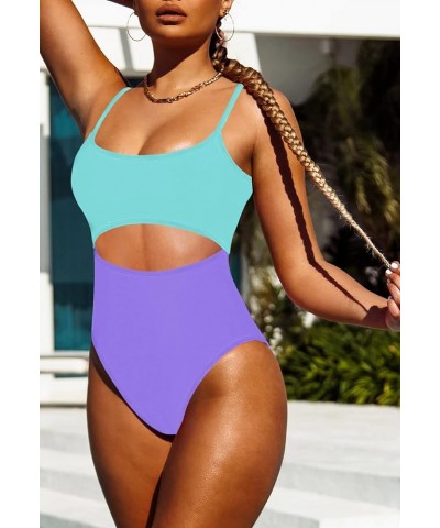 Women's One Piece Swimsuit Spaghetti Strap Scoop Neck Cutout High Waisted Bathing Suit Monokini Purple & Blue $15.17 Swimsuits