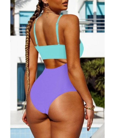 Women's One Piece Swimsuit Spaghetti Strap Scoop Neck Cutout High Waisted Bathing Suit Monokini Purple & Blue $15.17 Swimsuits