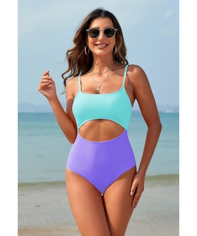 Women's One Piece Swimsuit Spaghetti Strap Scoop Neck Cutout High Waisted Bathing Suit Monokini Purple & Blue $15.17 Swimsuits