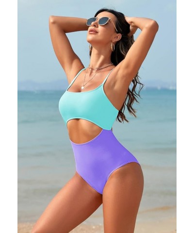 Women's One Piece Swimsuit Spaghetti Strap Scoop Neck Cutout High Waisted Bathing Suit Monokini Purple & Blue $15.17 Swimsuits