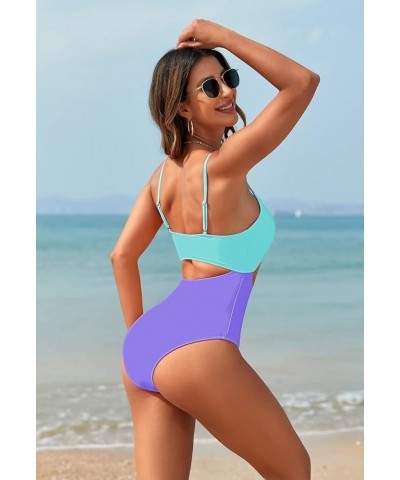 Women's One Piece Swimsuit Spaghetti Strap Scoop Neck Cutout High Waisted Bathing Suit Monokini Purple & Blue $15.17 Swimsuits