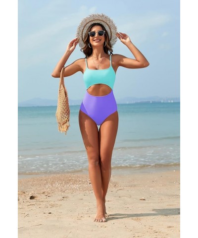 Women's One Piece Swimsuit Spaghetti Strap Scoop Neck Cutout High Waisted Bathing Suit Monokini Purple & Blue $15.17 Swimsuits