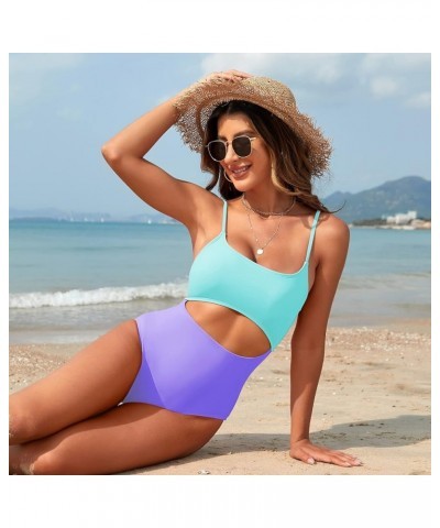 Women's One Piece Swimsuit Spaghetti Strap Scoop Neck Cutout High Waisted Bathing Suit Monokini Purple & Blue $15.17 Swimsuits