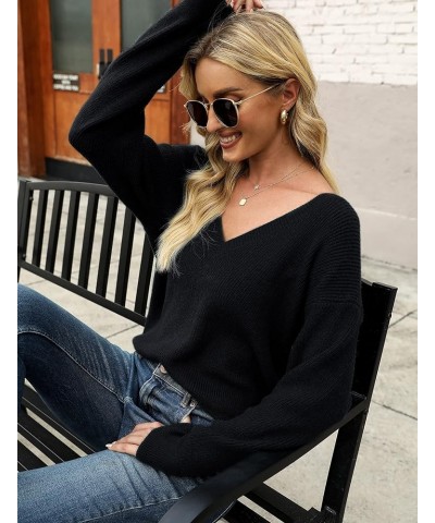 Women Sexy Deep V Neck Sweater Christmas Sweaters Casual Long Sleeve Fall Sweaters Pullover Black $22.79 Sweaters