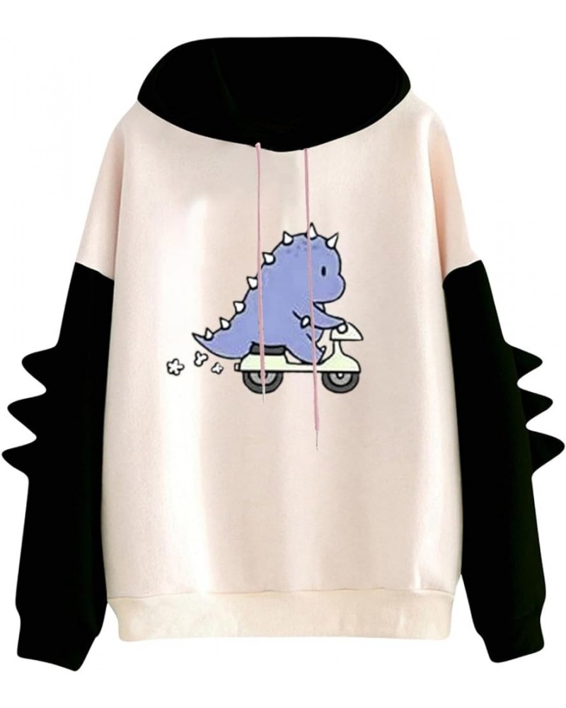 Dino Hoodie Womens Cute Cartoon Dinosaur Graphci Sweatshirts Long Sleeve Splice Loose Comfy Pullover Tops 02 Black $11.11 Hoo...