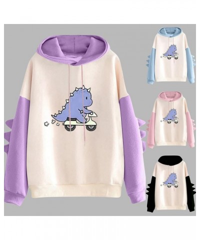 Dino Hoodie Womens Cute Cartoon Dinosaur Graphci Sweatshirts Long Sleeve Splice Loose Comfy Pullover Tops 02 Black $11.11 Hoo...