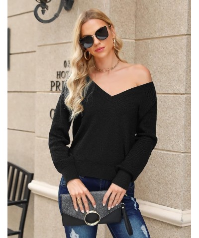 Women Sexy Deep V Neck Sweater Christmas Sweaters Casual Long Sleeve Fall Sweaters Pullover Black $22.79 Sweaters