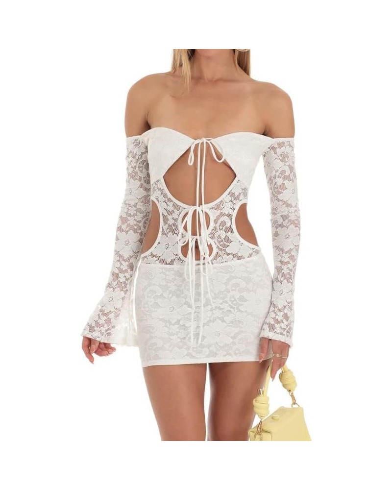 Women Tie Dye Long Sleeve Mini Dress Deep V Neck Criss Cross Bandage Dress Ruffle Trim Bodycon Sexy Party Dress White $10.75 ...