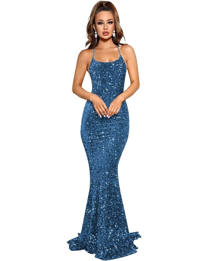 Women's V Neck Sequin Prom Dresses Long Mermaid Formal Evening Gowns with Slit A-peacock $38.24 Dresses