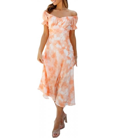 Women's Off Shoulder Midi Dress Summer A-Line Swing Casual Party Cocktail Dresses 01-orange $15.58 Dresses