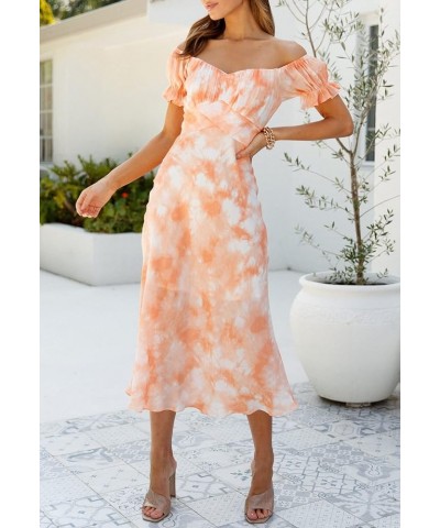 Women's Off Shoulder Midi Dress Summer A-Line Swing Casual Party Cocktail Dresses 01-orange $15.58 Dresses