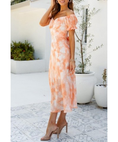 Women's Off Shoulder Midi Dress Summer A-Line Swing Casual Party Cocktail Dresses 01-orange $15.58 Dresses