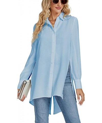 Women's Collar V Neck Slit Hem Button Front Long Sleeve Long Shirt Blouse Top Blue $18.80 Blouses