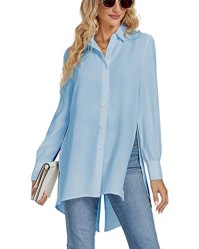 Women's Collar V Neck Slit Hem Button Front Long Sleeve Long Shirt Blouse Top Blue $18.80 Blouses