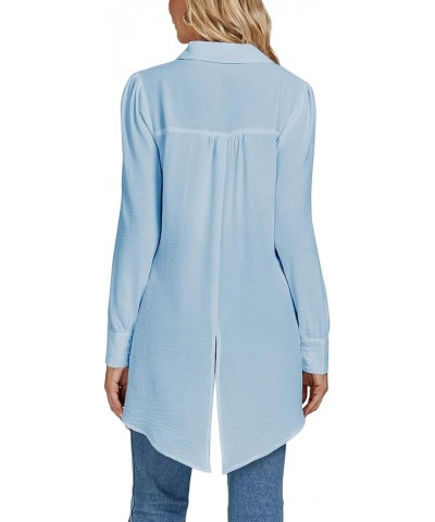 Women's Collar V Neck Slit Hem Button Front Long Sleeve Long Shirt Blouse Top Blue $18.80 Blouses