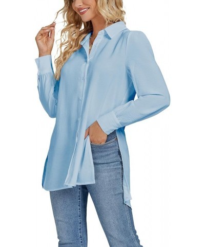 Women's Collar V Neck Slit Hem Button Front Long Sleeve Long Shirt Blouse Top Blue $18.80 Blouses