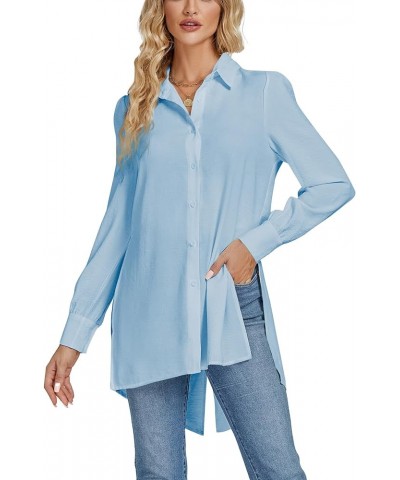 Women's Collar V Neck Slit Hem Button Front Long Sleeve Long Shirt Blouse Top Blue $18.80 Blouses