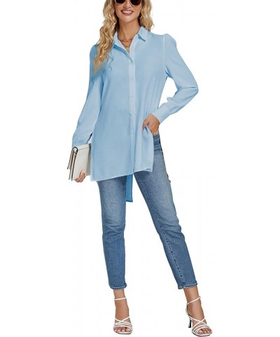 Women's Collar V Neck Slit Hem Button Front Long Sleeve Long Shirt Blouse Top Blue $18.80 Blouses