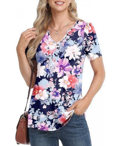 Women's 2024 Summer Short Sleeve Tunic Tops Casual Loose V Neck Comfy T-shirts Blouse For Leggings Mixed Flowers $12.00 Tops