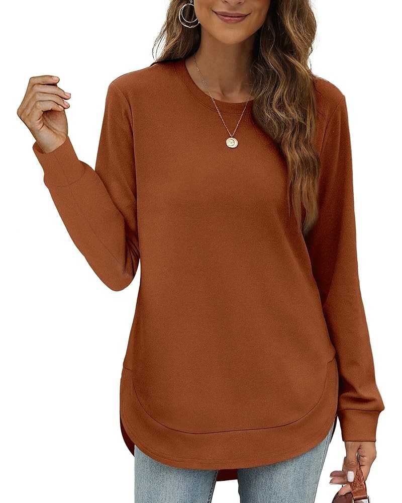 Womens Sweatshirt Crewneck Long Sleeve Shirts for Women High Low Tops Curved Hem 04-caramel $18.89 Hoodies & Sweatshirts