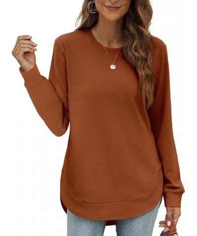 Womens Sweatshirt Crewneck Long Sleeve Shirts for Women High Low Tops Curved Hem 04-caramel $18.89 Hoodies & Sweatshirts